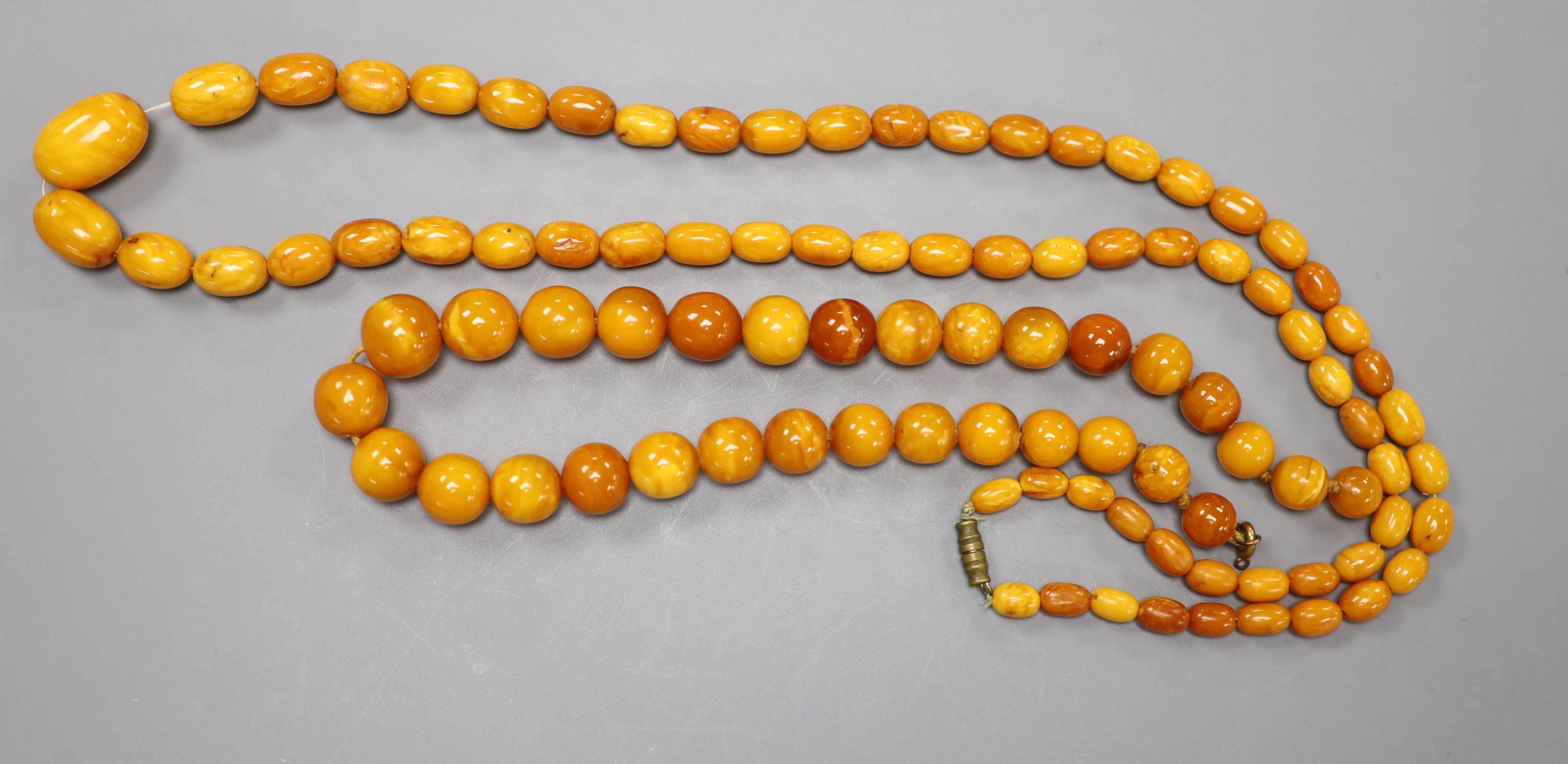 Two single strand amber bead necklaces (one clasp a.f.), longest 78cm, gross weight 68 grams.